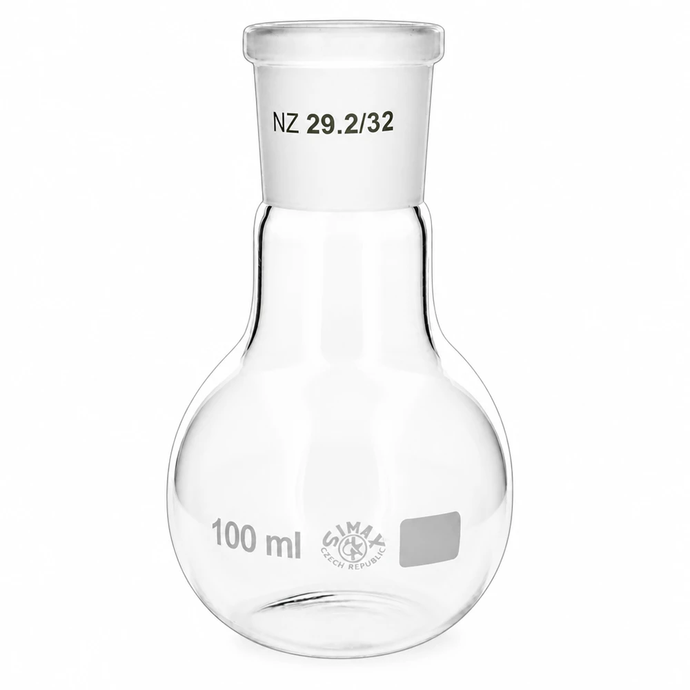 100 ml kolbe med standard slebet led (29/32) Rundbundet kolbe 100 ml med NS 29/32 slebet led - gennemsigtigt laboratorieglas til destillation og syntese