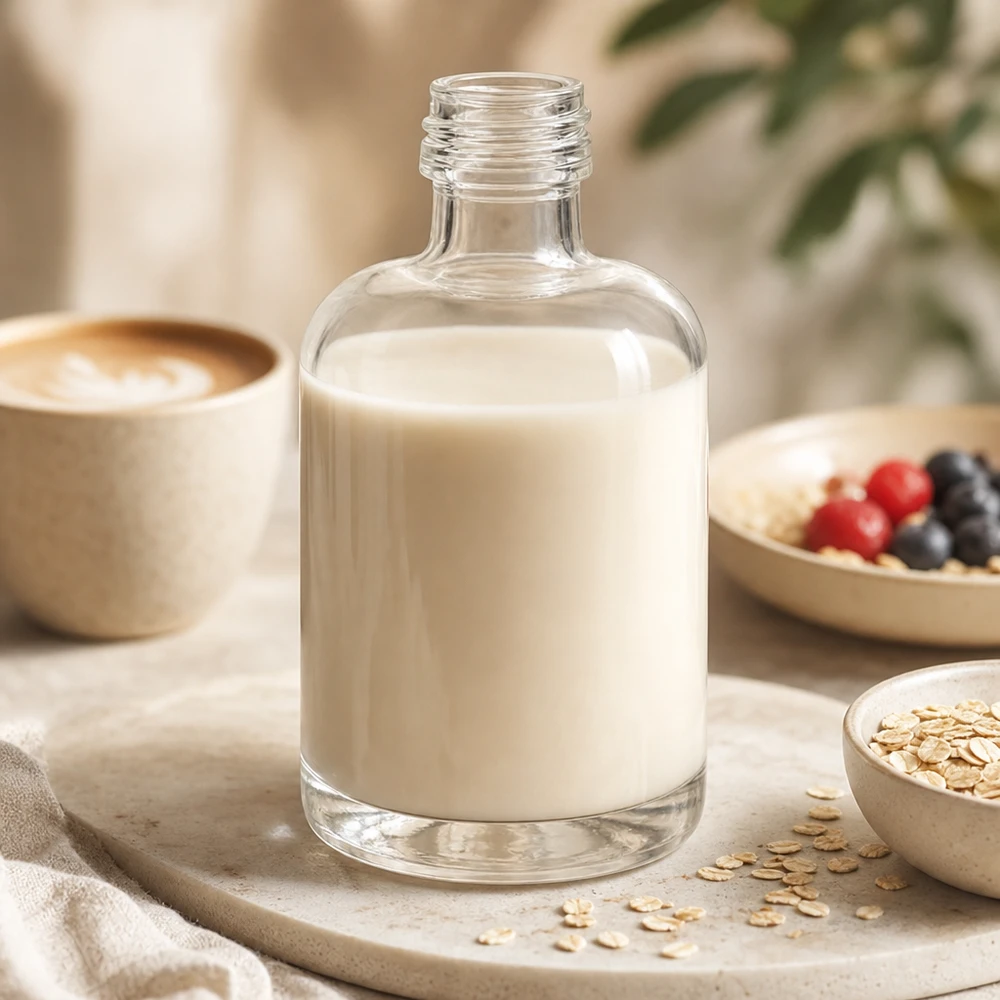 40 ml glasflaske »Sara« uden skruelåg UNiTWIST® 40ml Glasflasche Sara mit cremiger Hafermilch befüllt in natürlicher Küchenszene mit Müsli und Kaffee ohne Verschluss