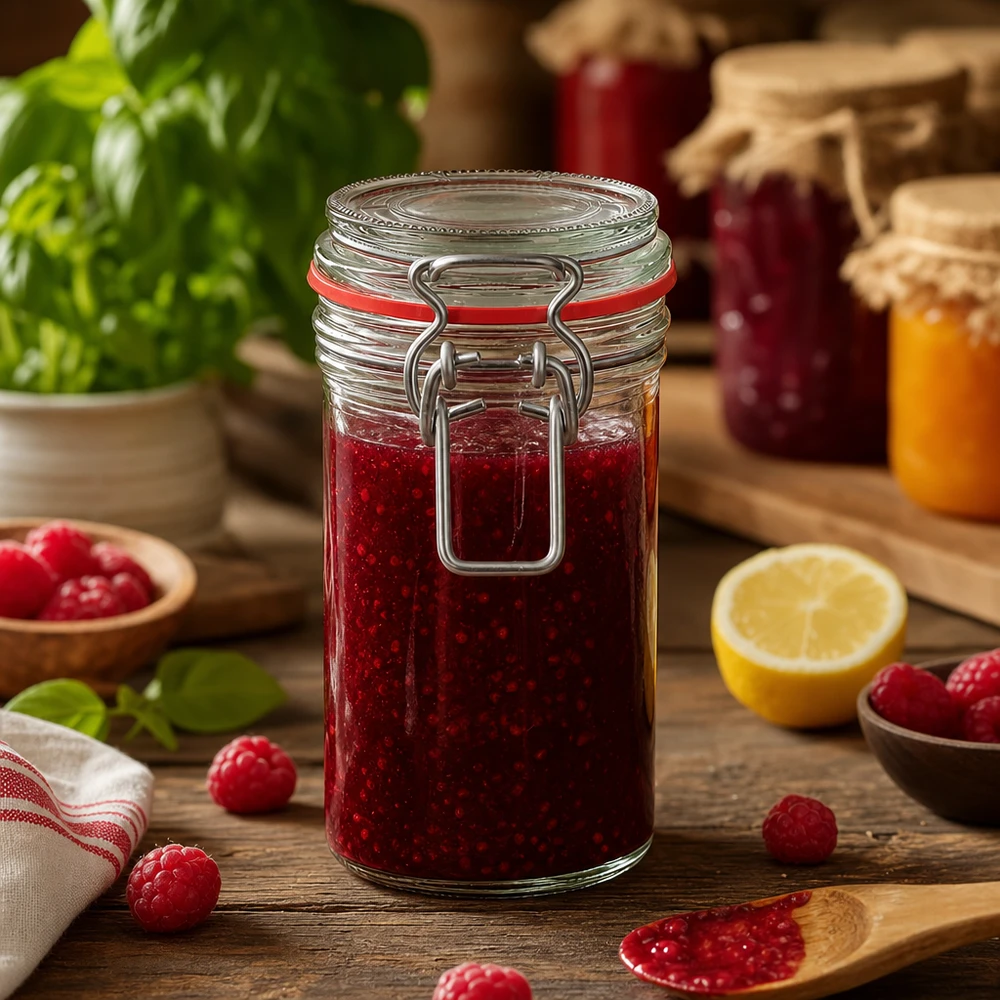 272 ml opbevaringsglas, type G, med bøjlelåg UN.. 272 ml opbevaringsglas med svingtop fyldt med rød marmelade på et træbord med friske hindbær og citron