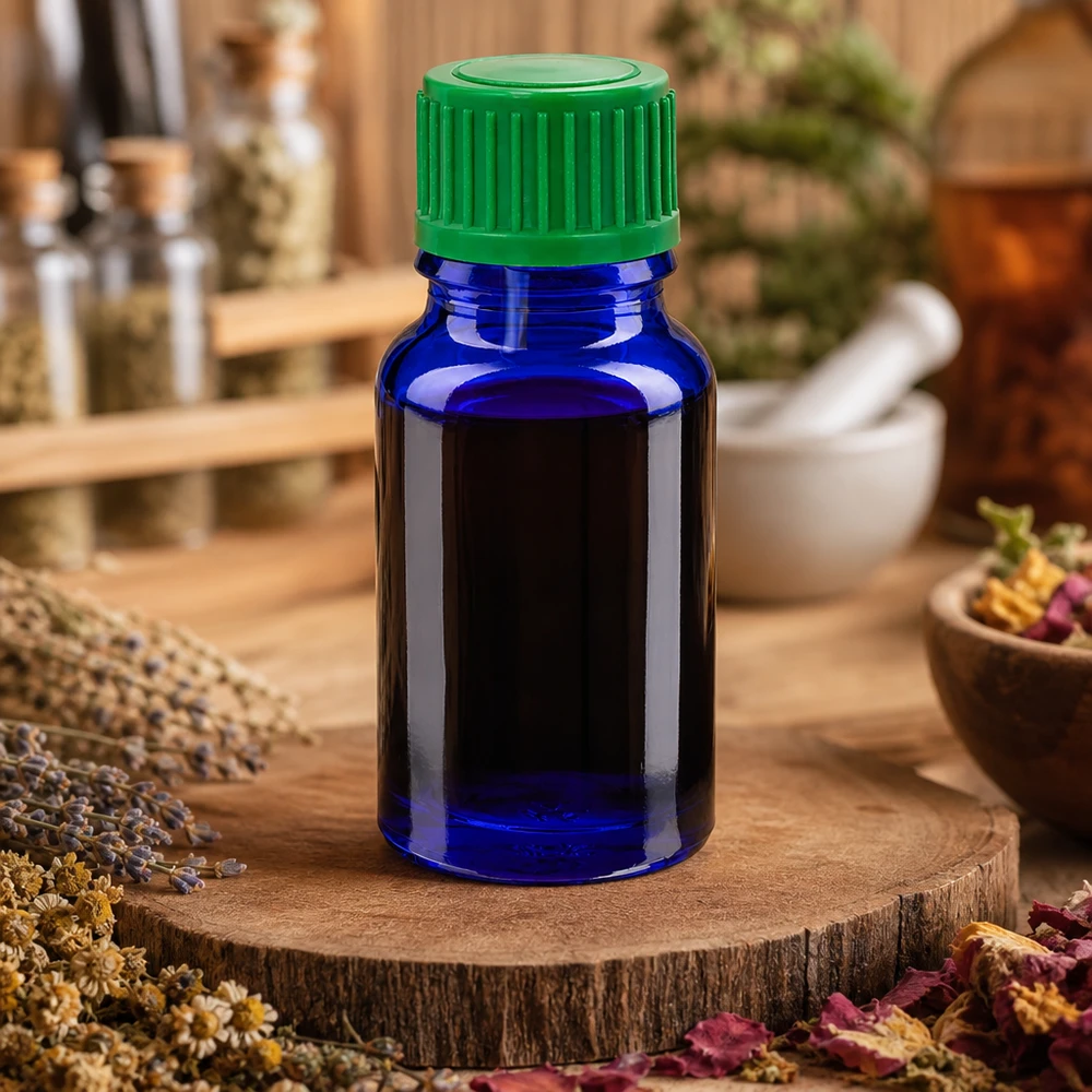 10 ml Dropperflaske 0,8 mm grøn STD BlueLine UT18/10 Blå glasflaske i høj kvalitet, 10 ml, med grøn dråbehætte til naturopati