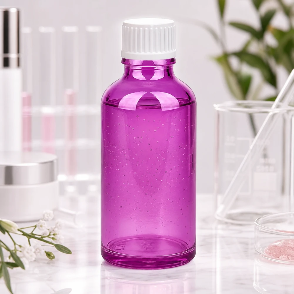 50 ml dråbeflaske 0,9 mm hvid standard PurpleLine. UT18/50 50 ml dråbeflaske i transparent lilla med hvidt skruelåg til kosmetik og aromaterapi