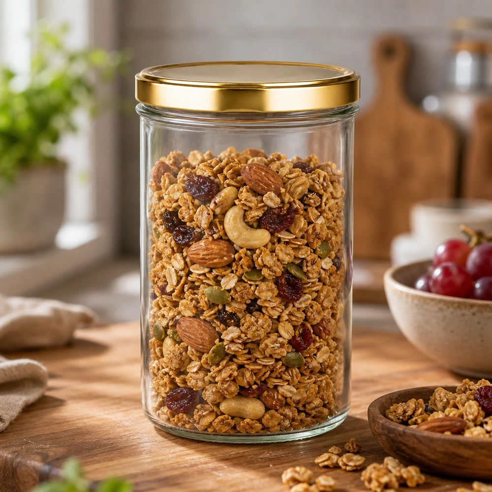 277 ml Briller med BasicSeal-låg guld UNiTWIST 277 ml murerbalje med gyldent UNiTWIST-låg fyldt med müsli, nødder og tørret frugt som opbevaringskrukke i køkkenet