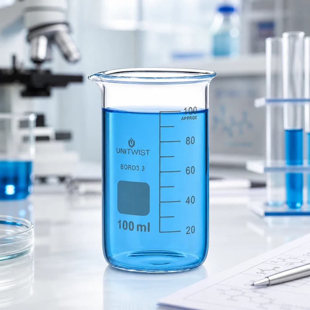 Bæger 100 ml borosilikat, høj form UNITWIST UNITWIST laboratoriebæger, 100 ml, høj model, borosilikatglas med blå væske i laboratoriet
