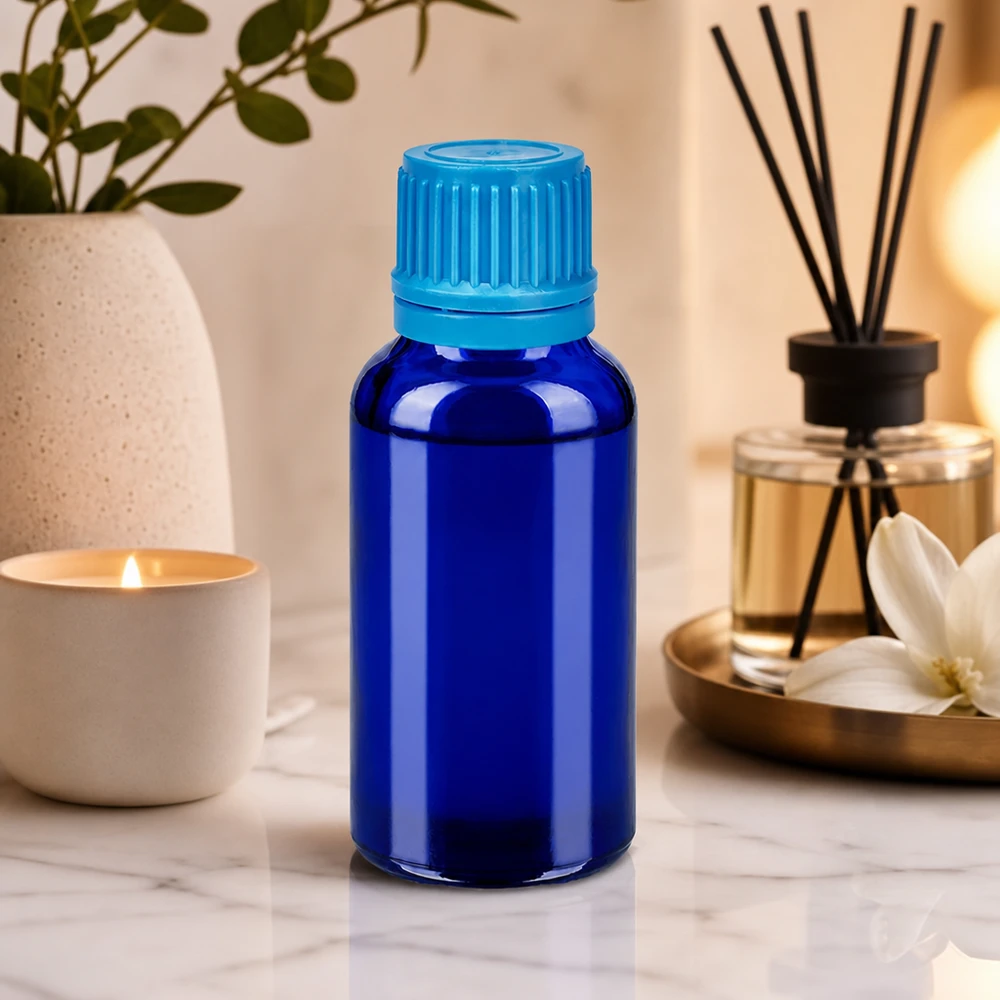 Lysbeskyttelsesglasflaske 30 ml i koboltblå beskytter følsomme ingredienser mod UV-stråling