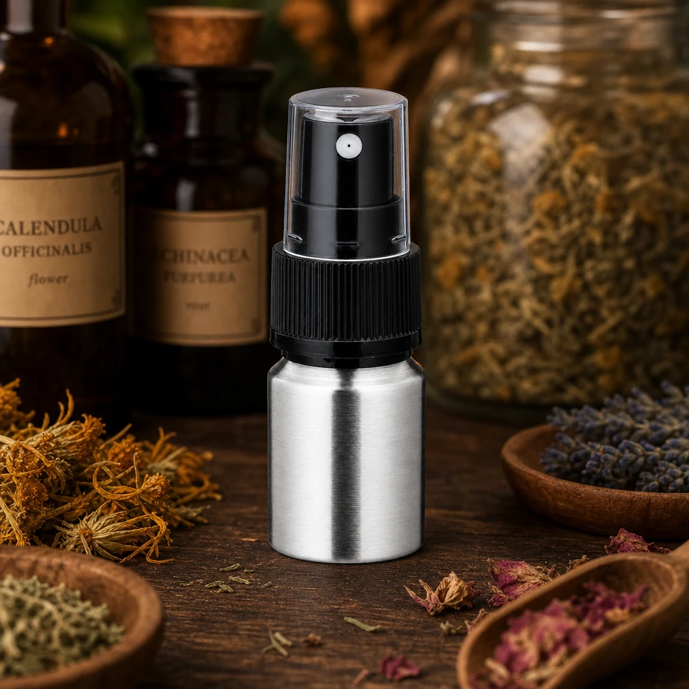 10 ml flaske i poleret aluminium med forstøver 10 ml flaske i poleret aluminium med sort spraypumpe - førsteklasses forstøver til aromaterapi