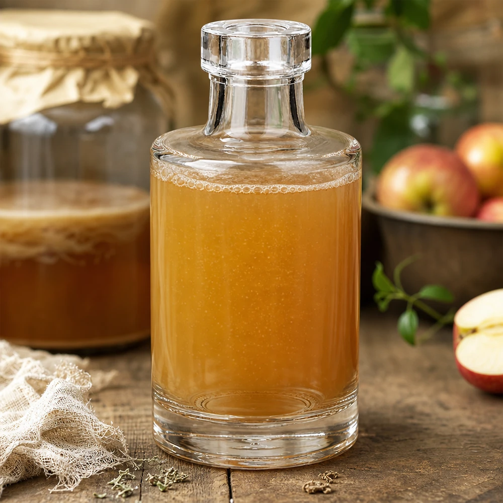100 ml glasflaske »Marie« uden lukning UNiTWIST® 100 ml glasflaske med Marie fyldt med æblejuice ved siden af friske æbler og en rustik trækurv i en naturlig køkkenscene