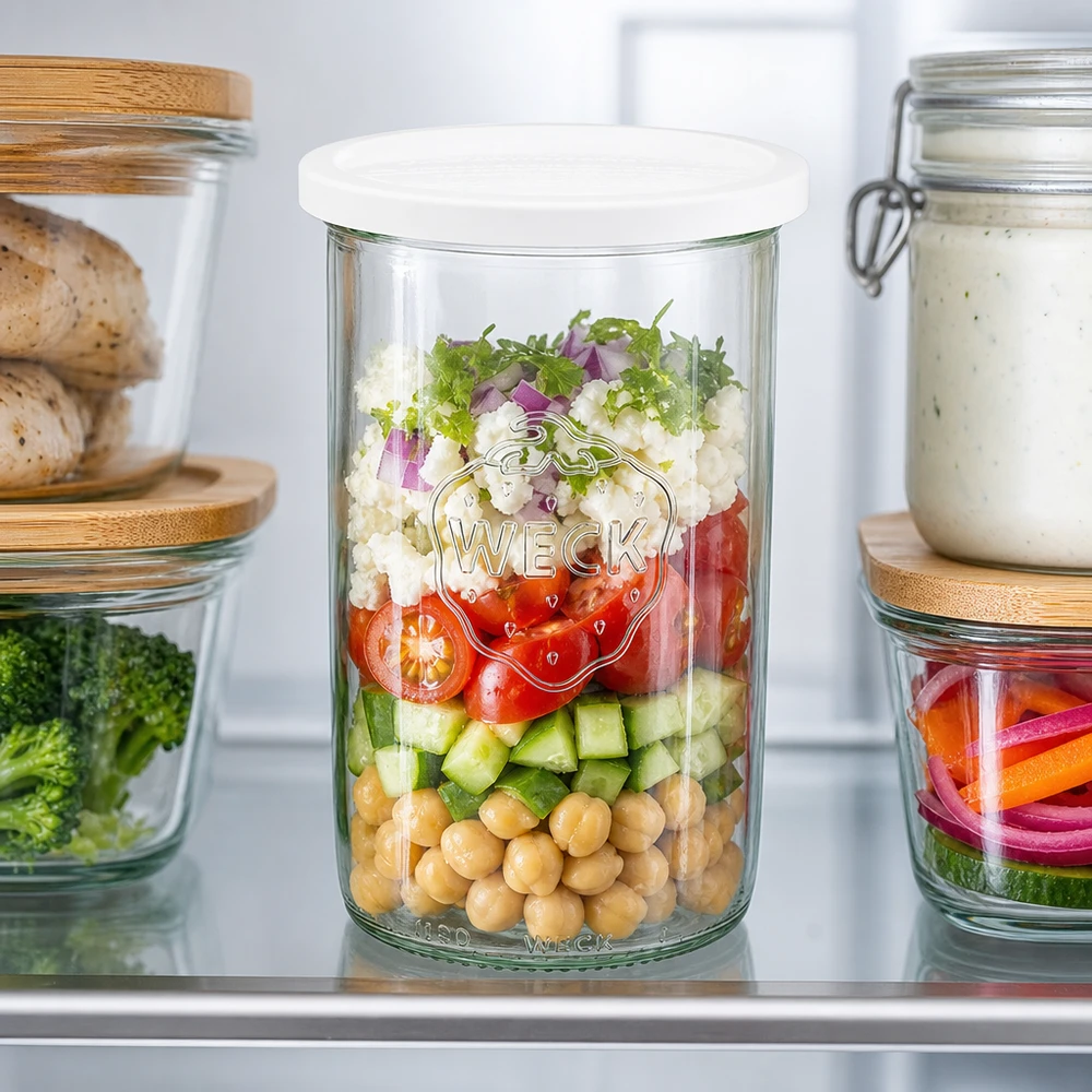 1000 ml Briller med friskhedslåg WECK RR100 WECK 1000 ml RR100-krukke med lagdelt salat af kikærter, agurk og tomater viser måltidsforberedende funktion i køleskabet