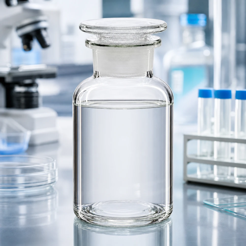 Rund skulderflaske 250 ml klar glasprop med bred hals Rundskulderflaske, 250 ml, bredhalset, klart glas med glasprop på laboratoriebordet