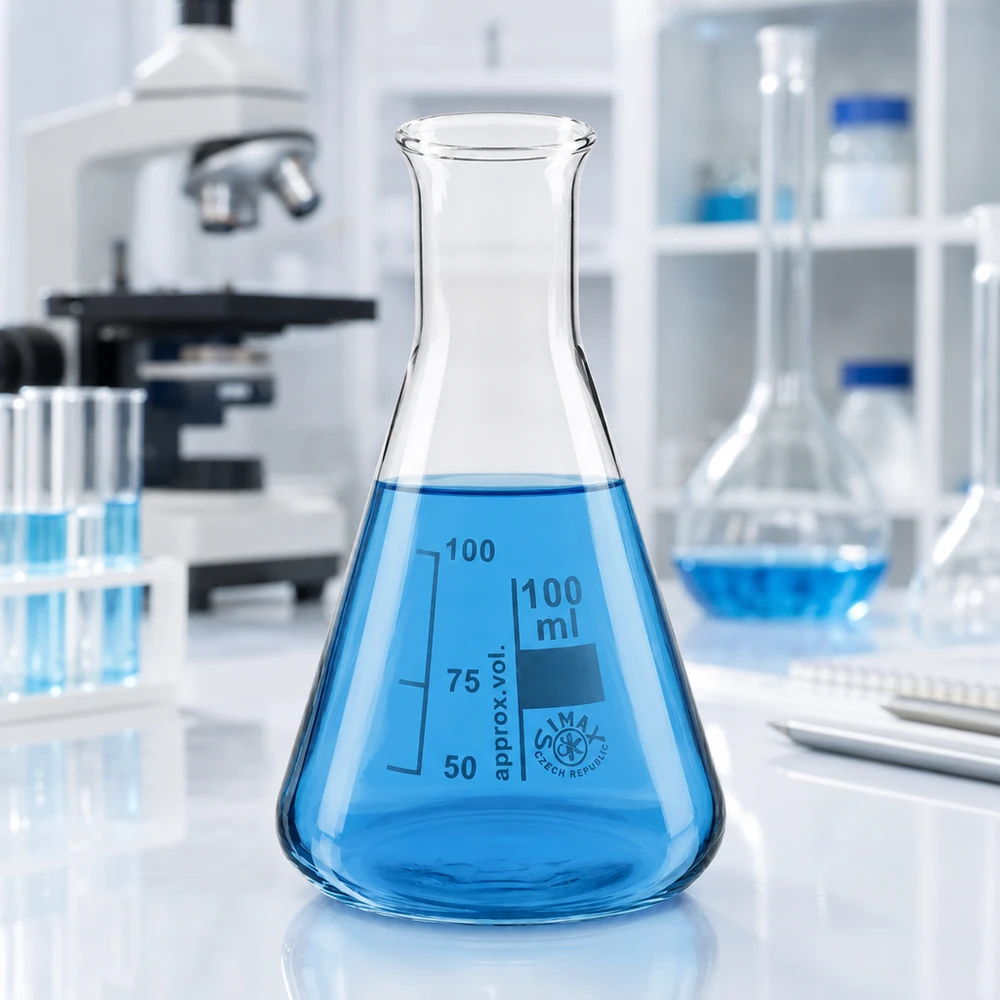 Erlenmeyer-kolbe 100 ml med smal hals Konisk Erlenmeyer-kolbe 100 ml med smal hals med blå væske i et sterilt laboratoriemiljø
