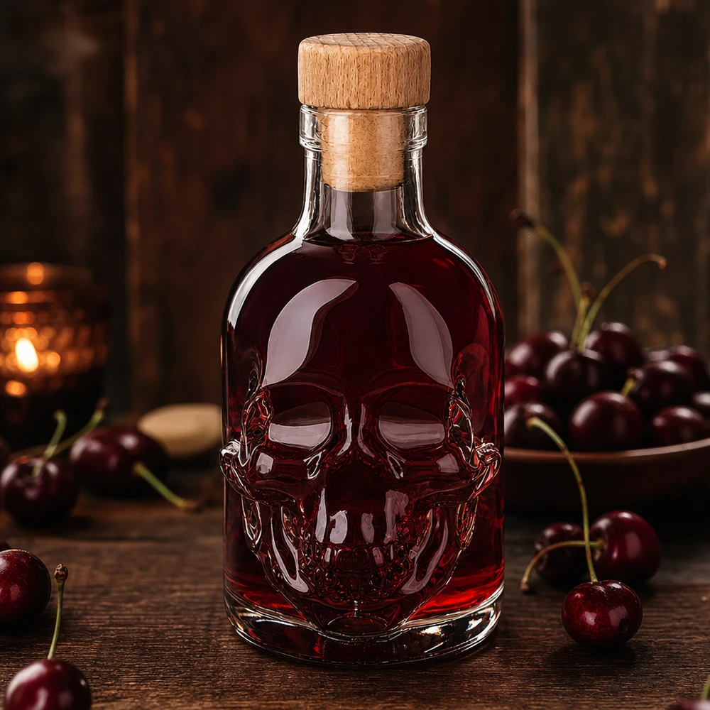 200 ml glasflaske »Jack« med træhåndtag og prop UNiTWIST® 200 ml kranieglasflaske med Jack med rød kirsebærvæske og træprop, omgivet af friske kirsebær