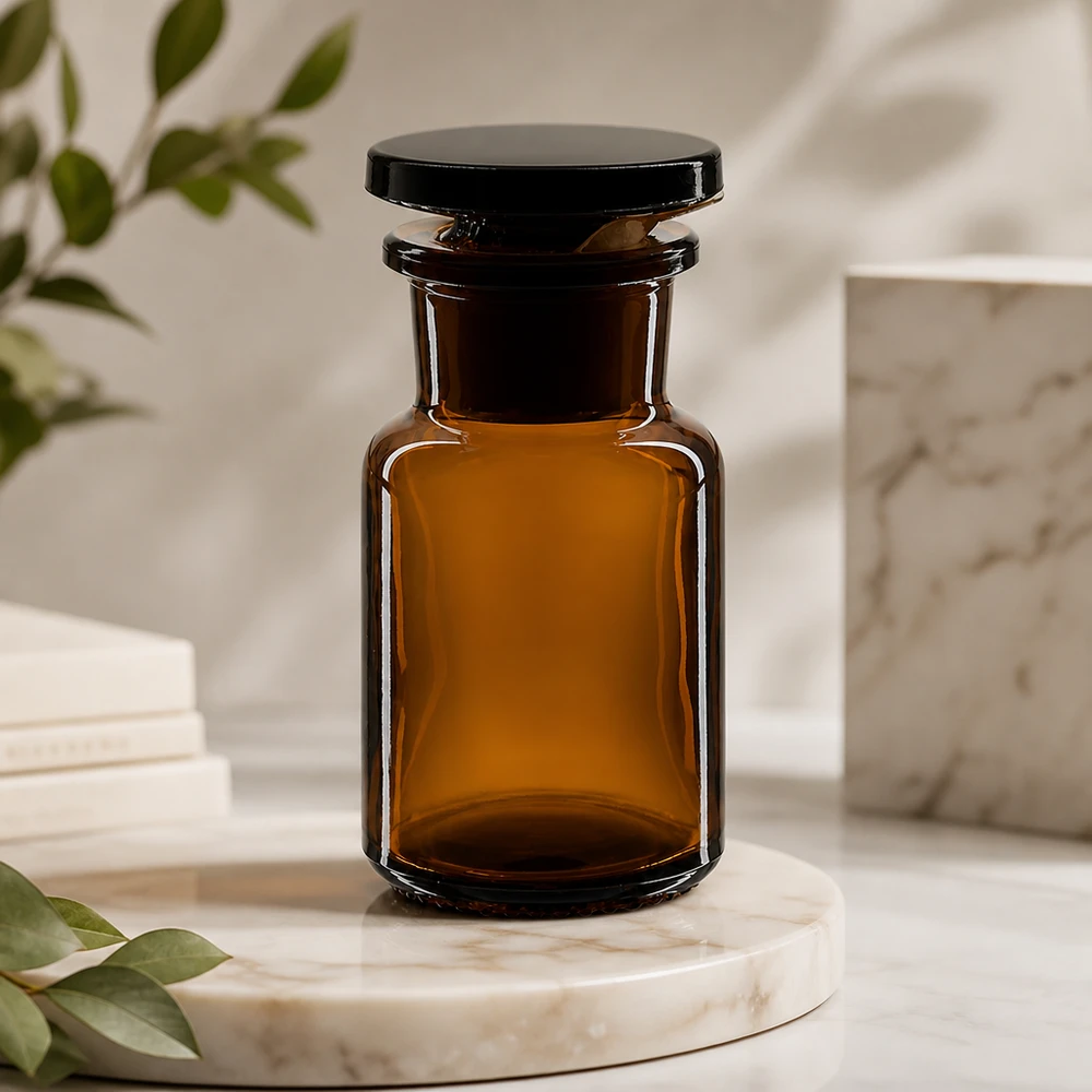 Rund skulderflaske 50 ml brun glasprop med bred hals Klassisk rundskulderflaske, 50 ml, brun, med bred hals og glasprop på marmorfod