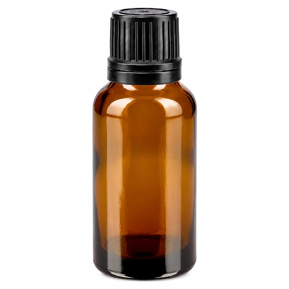20 ml brun glasflaske med sort OV-lukning, 8 mm apoteksglas, tom
