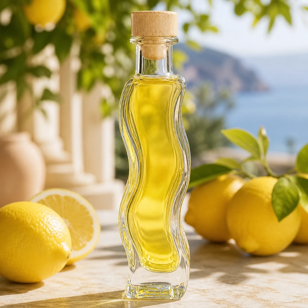 100 ml Glasflaske Melissa med træhåndtag og prop UNiTWIST® Glasflaske Melissa 100ml fyldt med gul olie ved siden af citroner middelhavsstemning korkprop