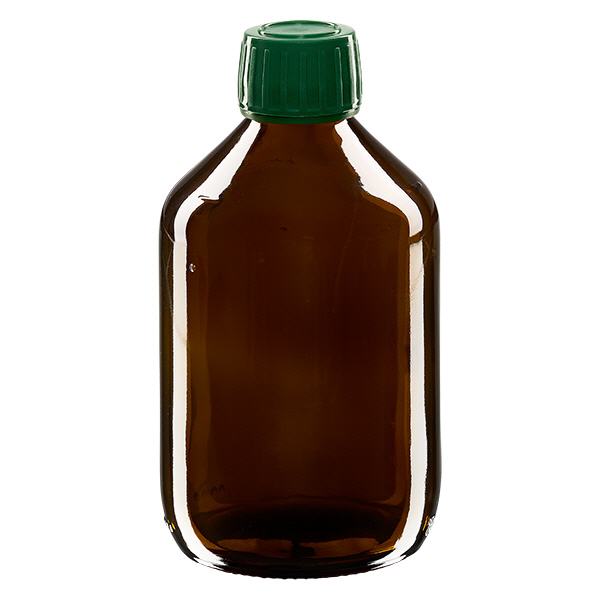 300 ml medicinflaske brun, hætte grøn med manipulationssikker ring ApoGlas. Farmaceutisk kvalitet fra EU-produktion. 28 mm (PP28) gevind. (sirup, let glasflaske)