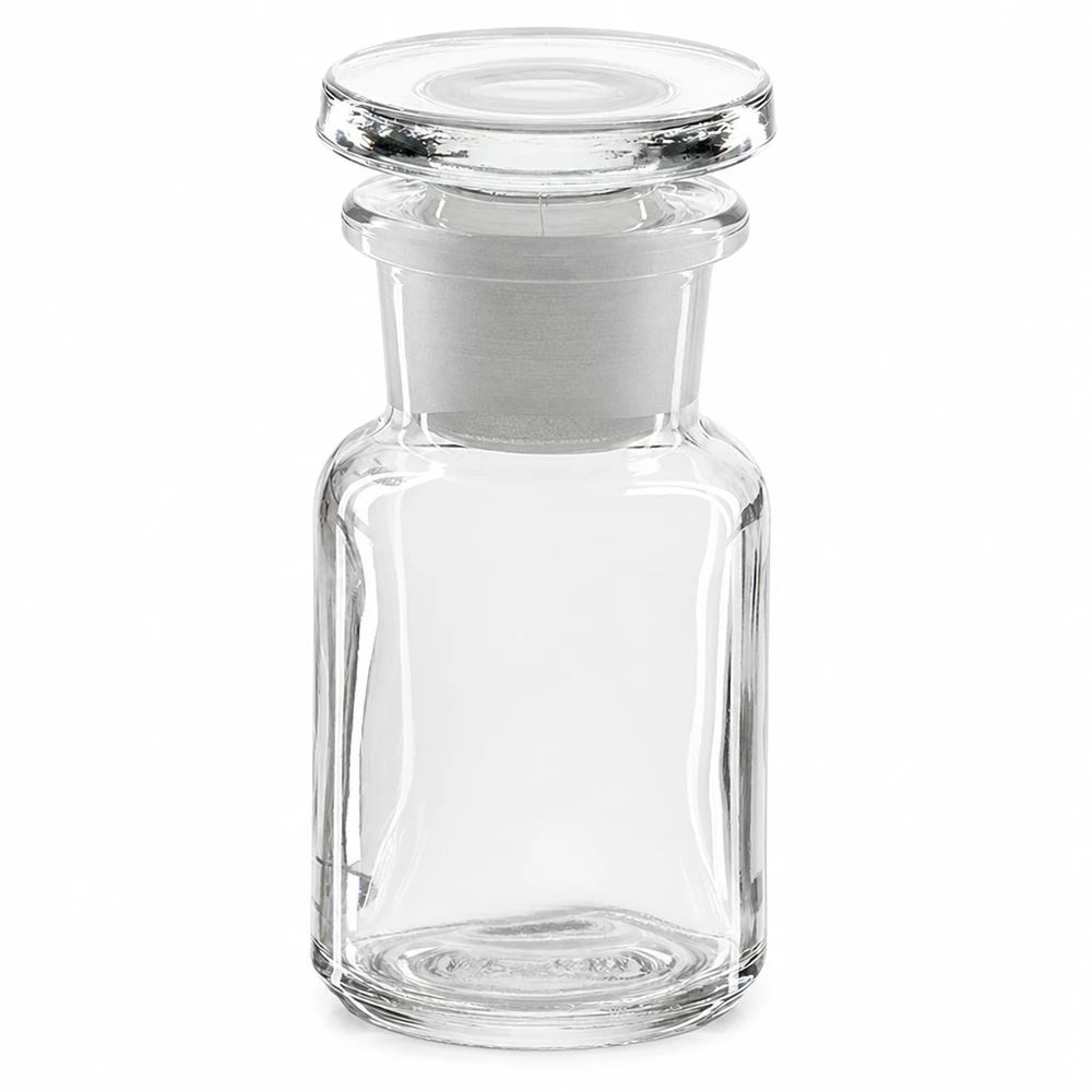 Rund skulderflaske 50 ml klar glasprop med bred hals Gennemsigtig flaske med runde skuldre, 50 ml, med glasprop og bred halsåbning til laboratorier og apoteker