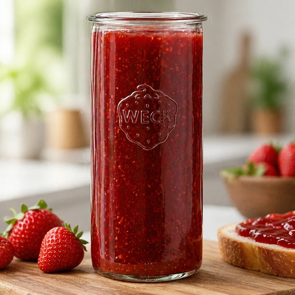 1500 ml WECK RR100-glas med skrå kant 1500 ml WECK RR100-krukke fyldt med rød jordbærmarmelade ved siden af friske jordbær og brød på et træbord