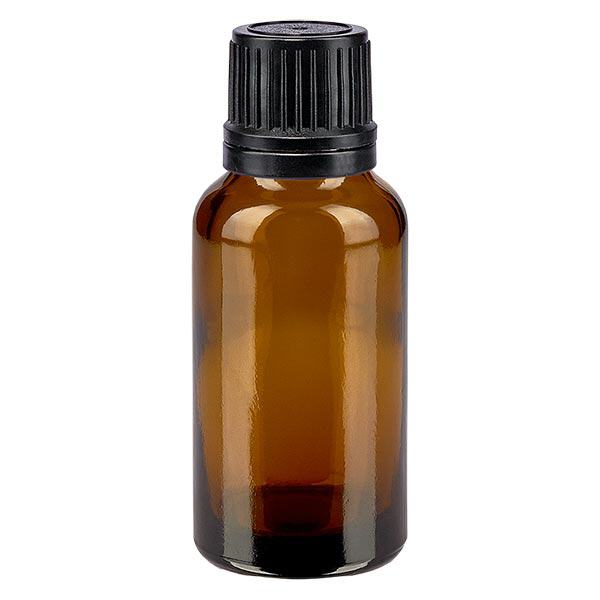 Apoteksflaske brun 20ml skruelåg sort hælde r. OV Apoteksflaske brun 20ml skruelåg sort hælde r. OV