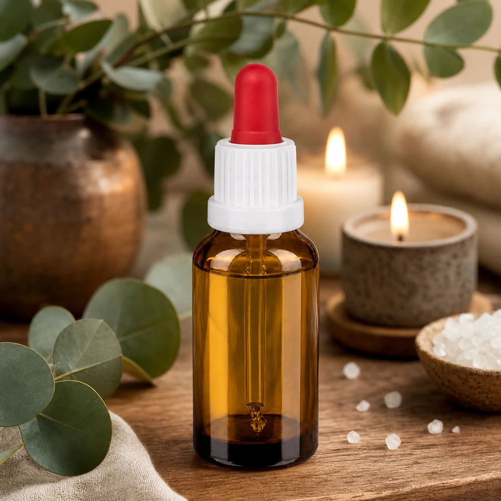 20 ml pipetteflaske hvid/rød OV BrownLine UT18/20 Lille 20 ml ravfarvet glasflaske med rød pipette, ideel til æteriske olier og serummer