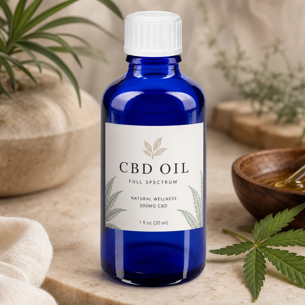 Blå 30 ml apotekerflaske med hvid børnesikret låg til CBD-olieprodukter