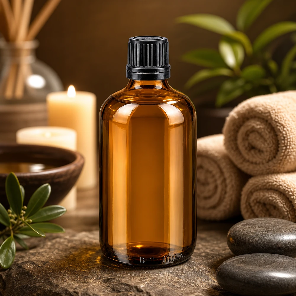 Apoteksflaske brun 100ml skruelåg sort hælde r. OV 100 ml apotekerflaske i ravfarve med sort originalprop i spa-stemning med stearinlys