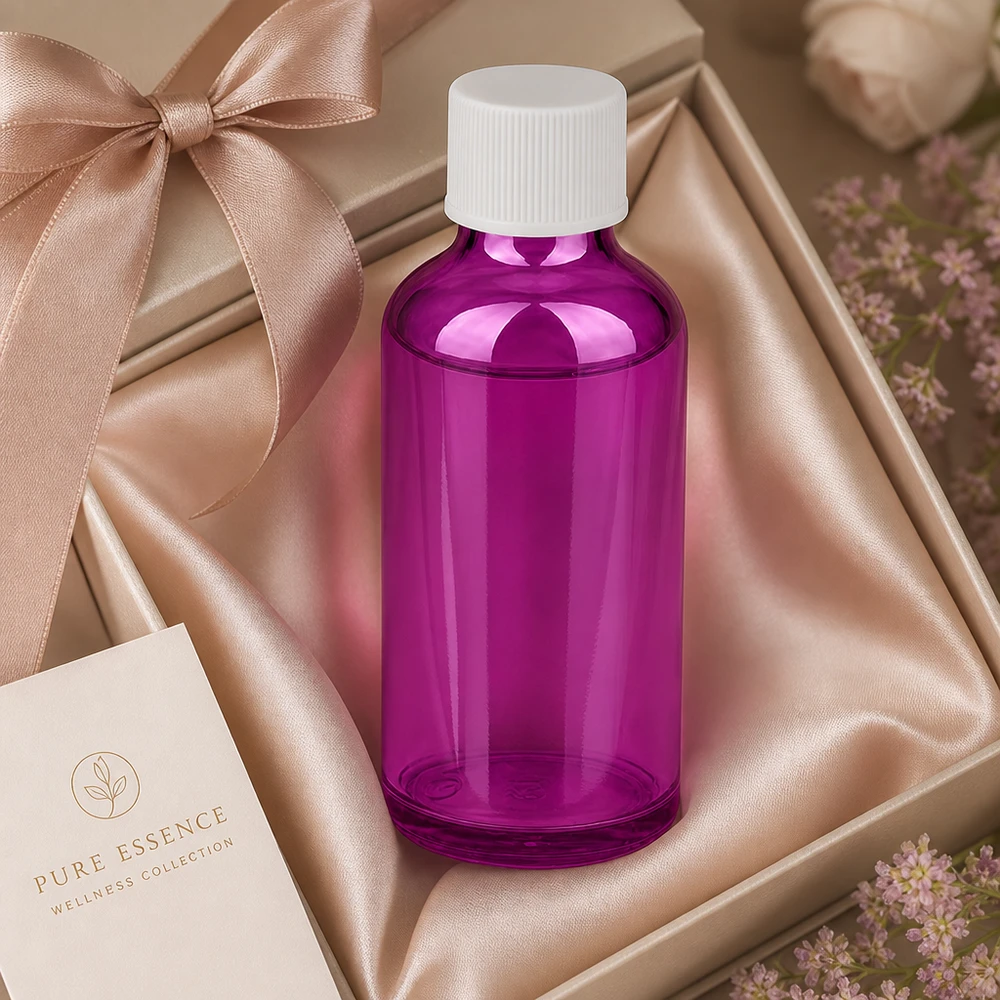 50 ml flaske 11 mm skruelåg hvid standard PurpleLine UT18/50 50 ml apoteksflaske i elegant violet glas med børnesikret hvid hætte