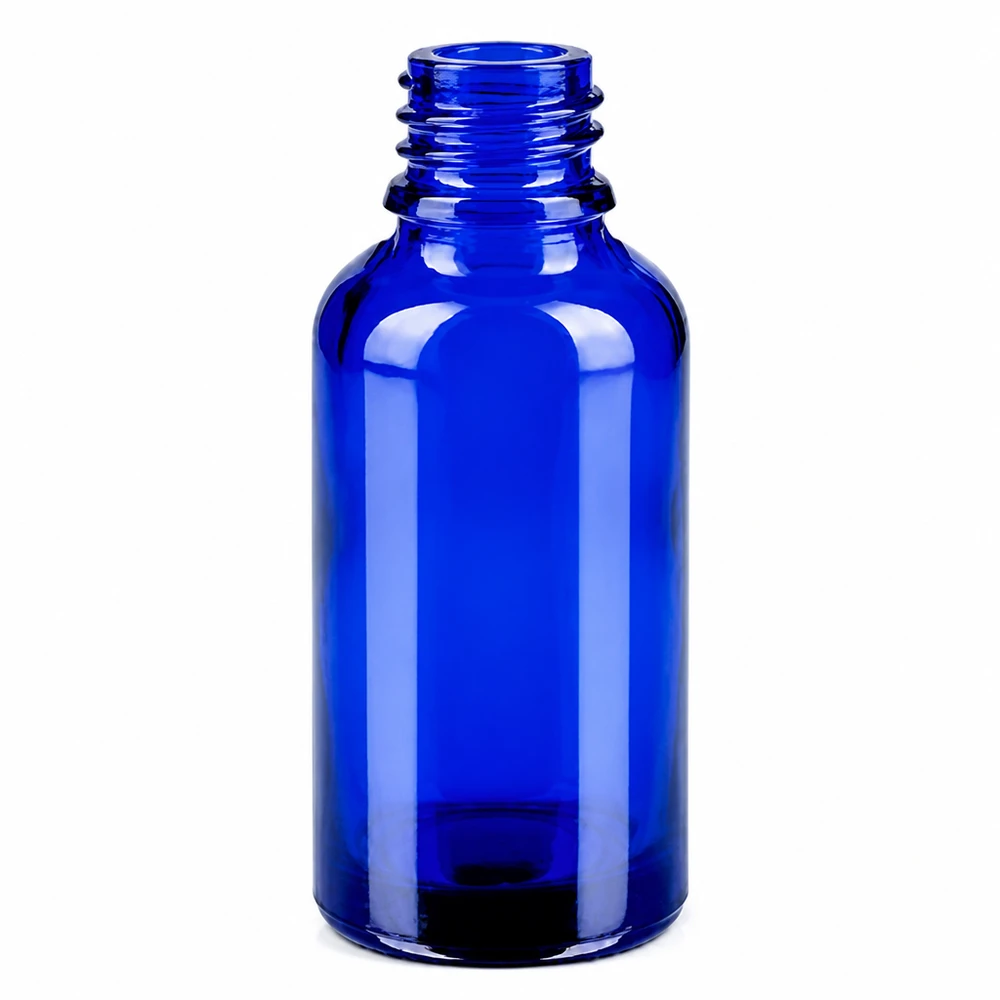 30 ml flaske 11 mm SV sort OV BlueLine UT18/30 30 ml dråbeflaske af blåt glas med 11 mm gevind til aromaterapi og naturkosmetik