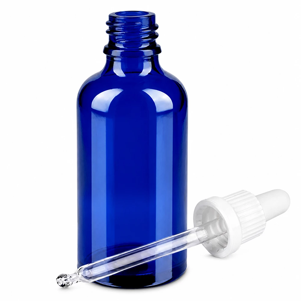 Blå glasflaske 50 ml med pipette OV BlueLine UT18/50 til kosmetik og æteriske olier