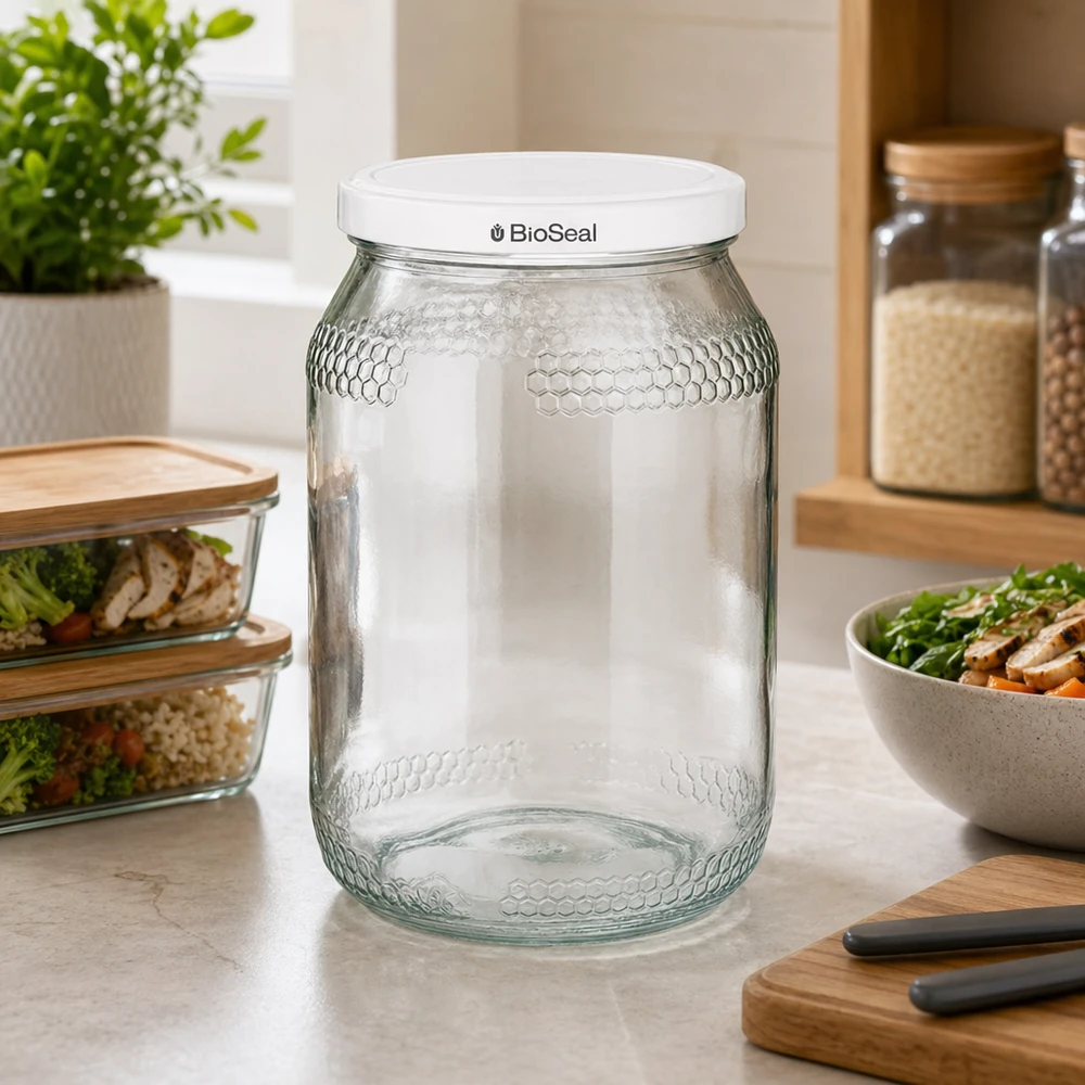 1260 g honningglas med hvidt BioSeal UNiTWIST-låg Tomt 900 ml honningglas med hvidt BioSeal-låg i et moderne køkken ved siden af opbevaringskrukker og salatskål