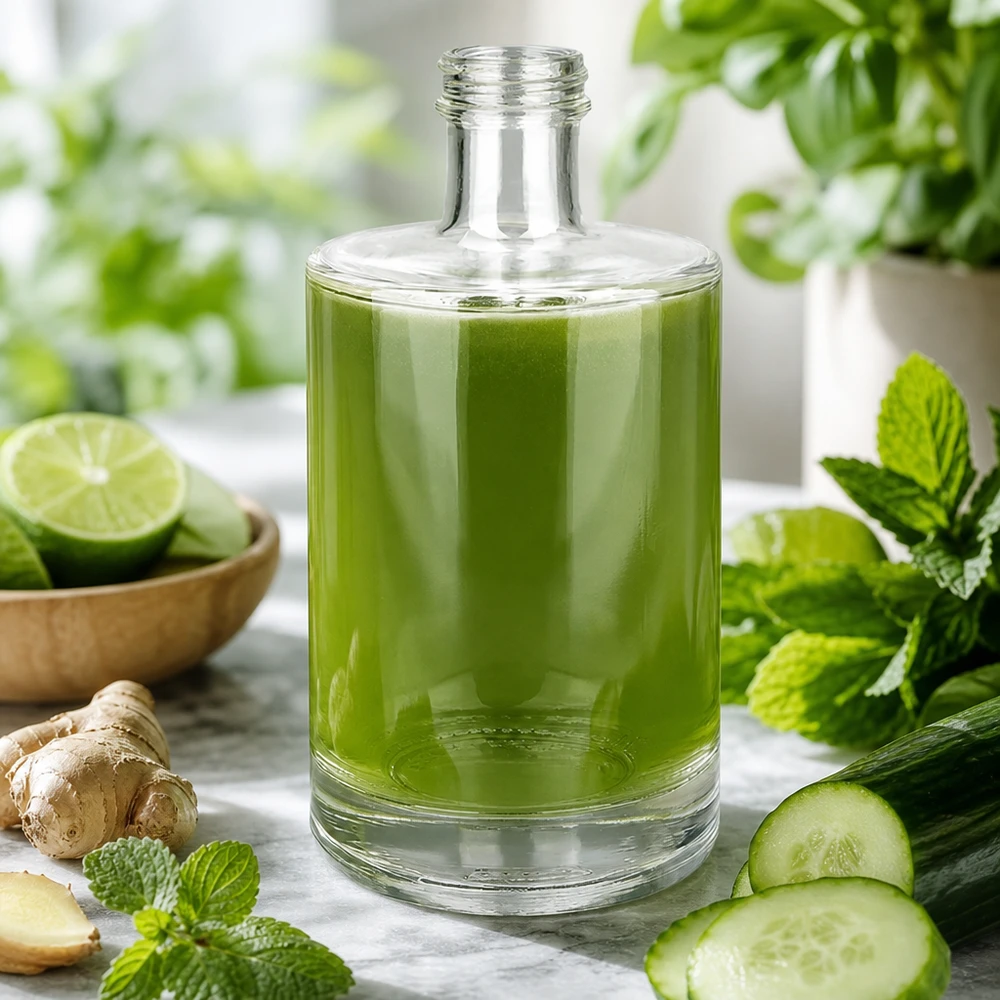 500 ml glasflaske »Sam« uden skruelåg UNiTWIST® 500 ml glasflaske Sam fyldt med grøn smoothie omgivet af friske ingredienser mynte agurk ingefær lime