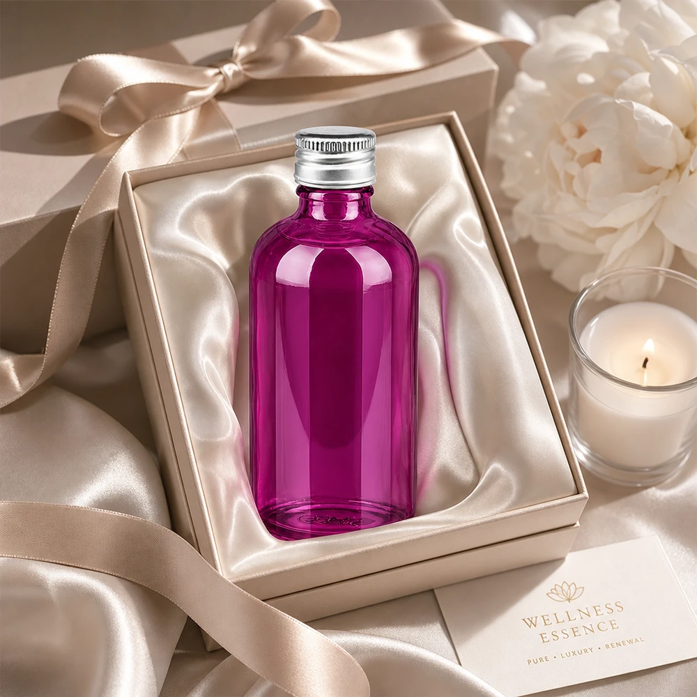 100 ml flaske. 11 mm skruelåg aluminium-sølv standard PurpleLine. UT18/100 Elegant 100 ml violet glasflaske med 11 mm åbning, perfekt til luksuriøse wellness-gaver