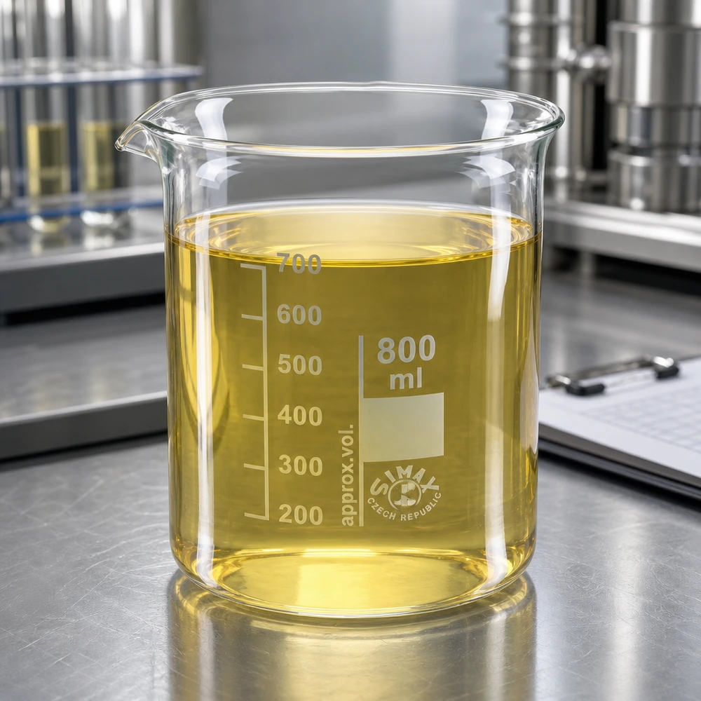 Bægerglas 800 ml borosilikatglas, lav form Laboratoriebæger 800 ml lavet af robust borosilikatglas med gul testvæske på laboratoriebænk