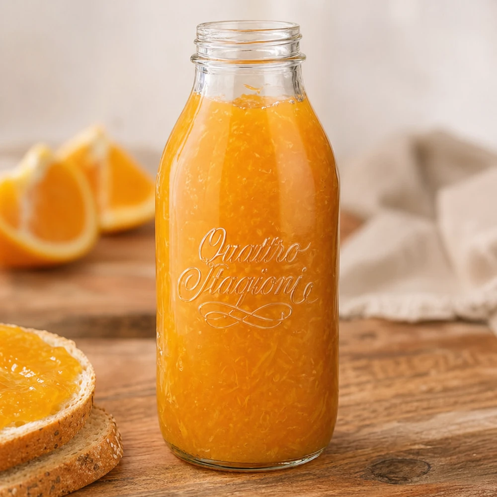 1000 ml flaske med bred hals "Quattro Stagioni" 1000 ml bredhalset flaske Quattro Stagioni med frisk appelsinjuice på et træbord med appelsinskiver