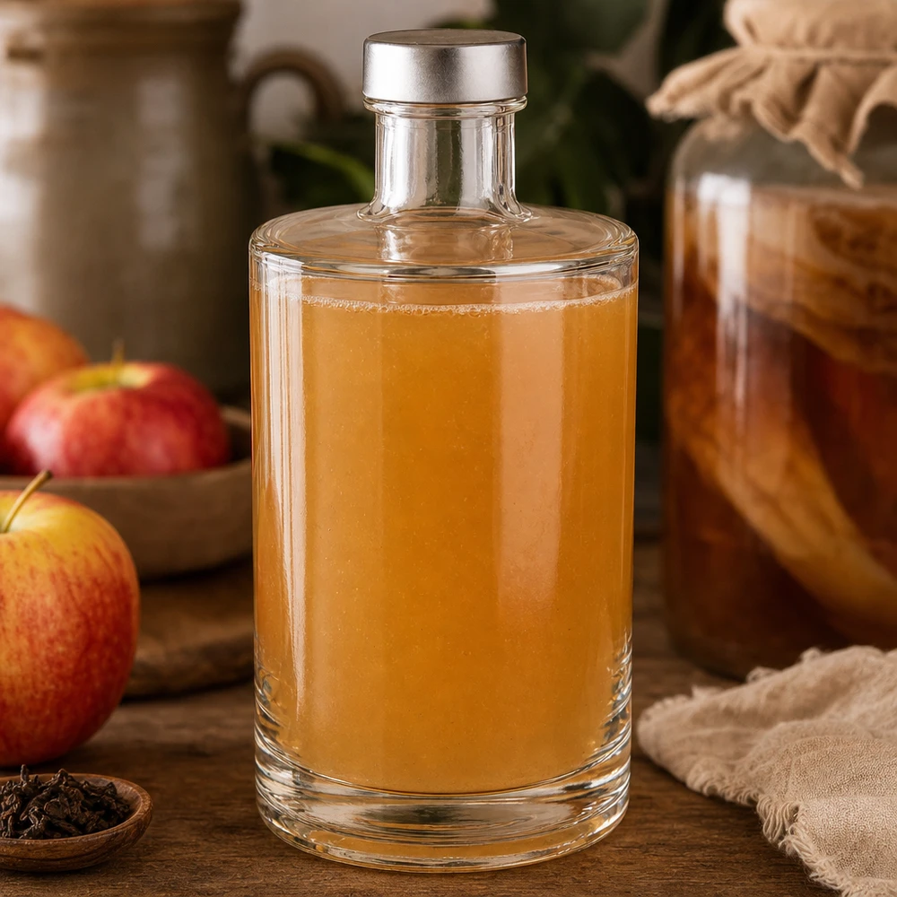 375 ml glasflaske »Sam« og skruelåg sølv UNiTWIST® 375ml Glasflasche Sam mit Apfelbrand zwischen roten Äpfeln - edle Spirituosenflasche mit silbernem Schraubverschluss