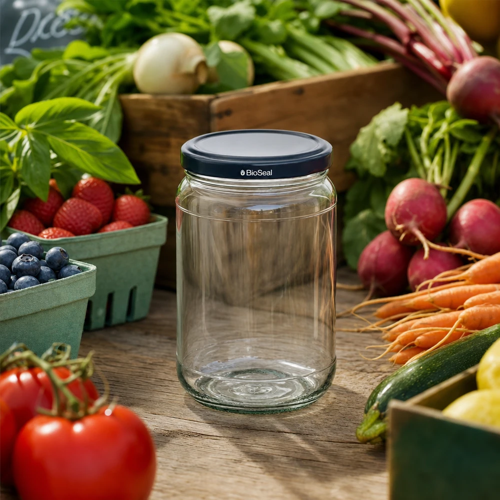 UNiTWIST Runda305 med sort. Dæksel TO63 BioSeal UNiTWIST Runda305 Vorratsglas mit schwarzem BioSeal Deckel inmitten frischem Marktgemüse und Obst auf Holztisch