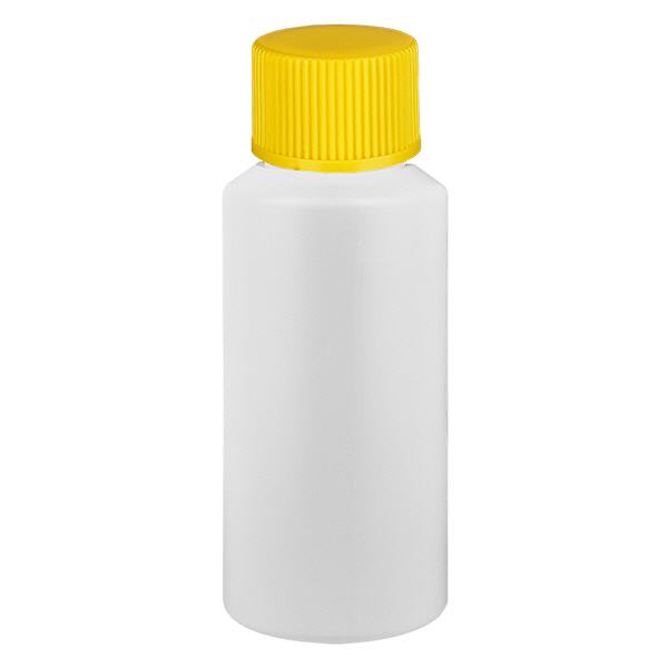 Apoteksflaske HDPE 30ml hvid, med gul SV Apoteksflaske HDPE 30ml hvid, med gul SV