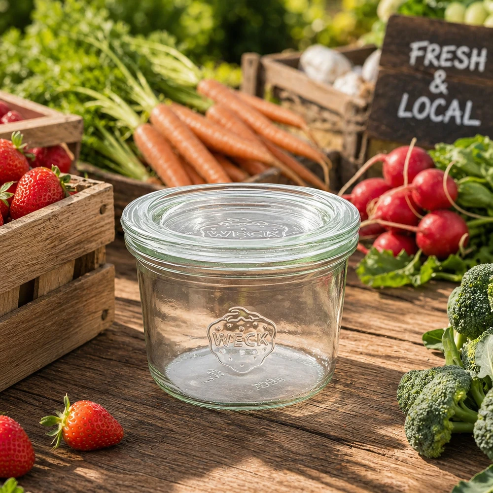 80 ml krukke med glaslåg WECK RR60 WECK-bægre 80 ml RR60 omgivet af friske grøntsager og frugt på træbord Farmers Market Fresh Local-skilt