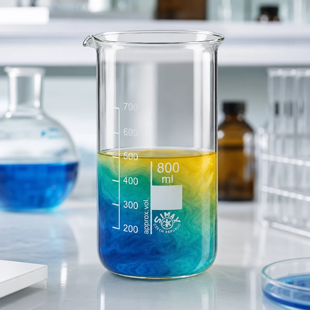 Bægerglas 800 ml borosilikatglas, høj form 800 ml begerglas i høj udformning med en væske med et farveforløb fra blå til gul i laboratoriet