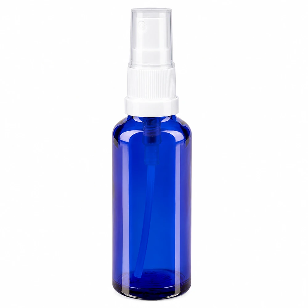Apotekerflaske blå 10 ml spraytilbehør sort 10 ml blå apotekerflaske af glas med hvidt sprøjtehoved og gennemsigtig beskyttelseskappe