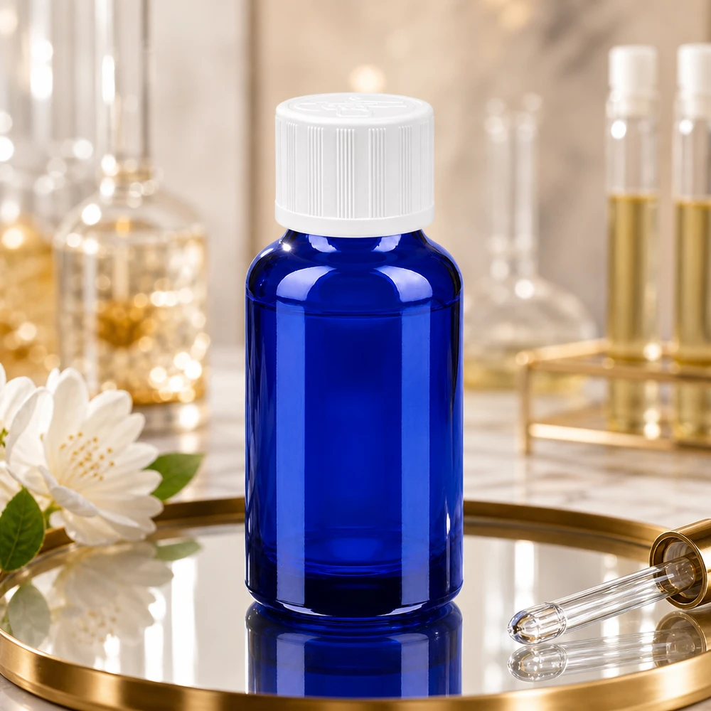 20 ml BlueLine-glasflaske med dråbeindsats til præcis dosering af essenser og tinkturer