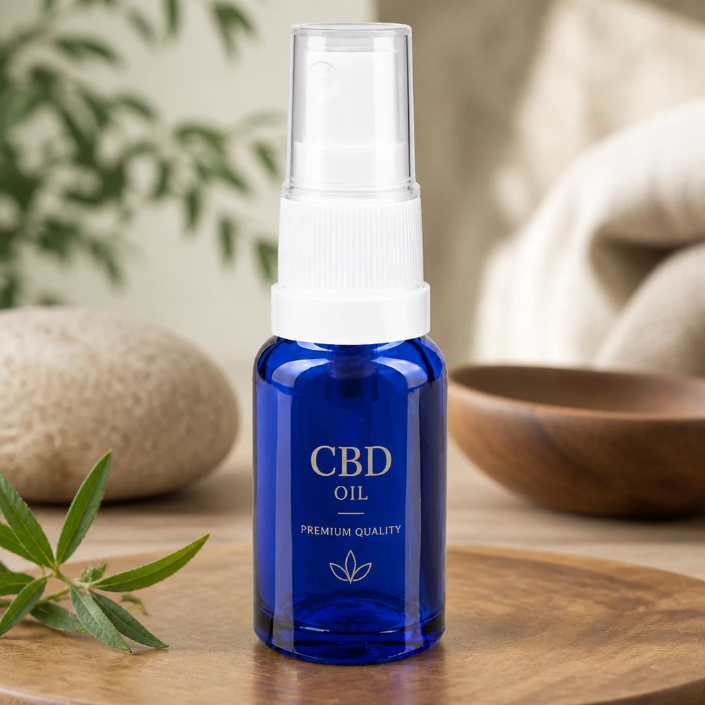 Apoteksflaske blå 10ml spraytop hvid 10 ml sprayflaske af blåt apotekerglas med pumpespray til CBD-olie og naturkosmetik