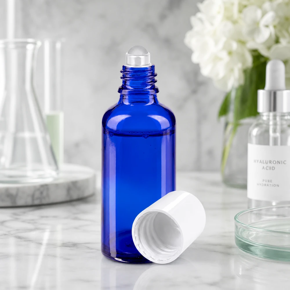 En åben, blå apotekerflaske på 50 ml med rullekugle-hoved ved siden af hyaluronsyreserum