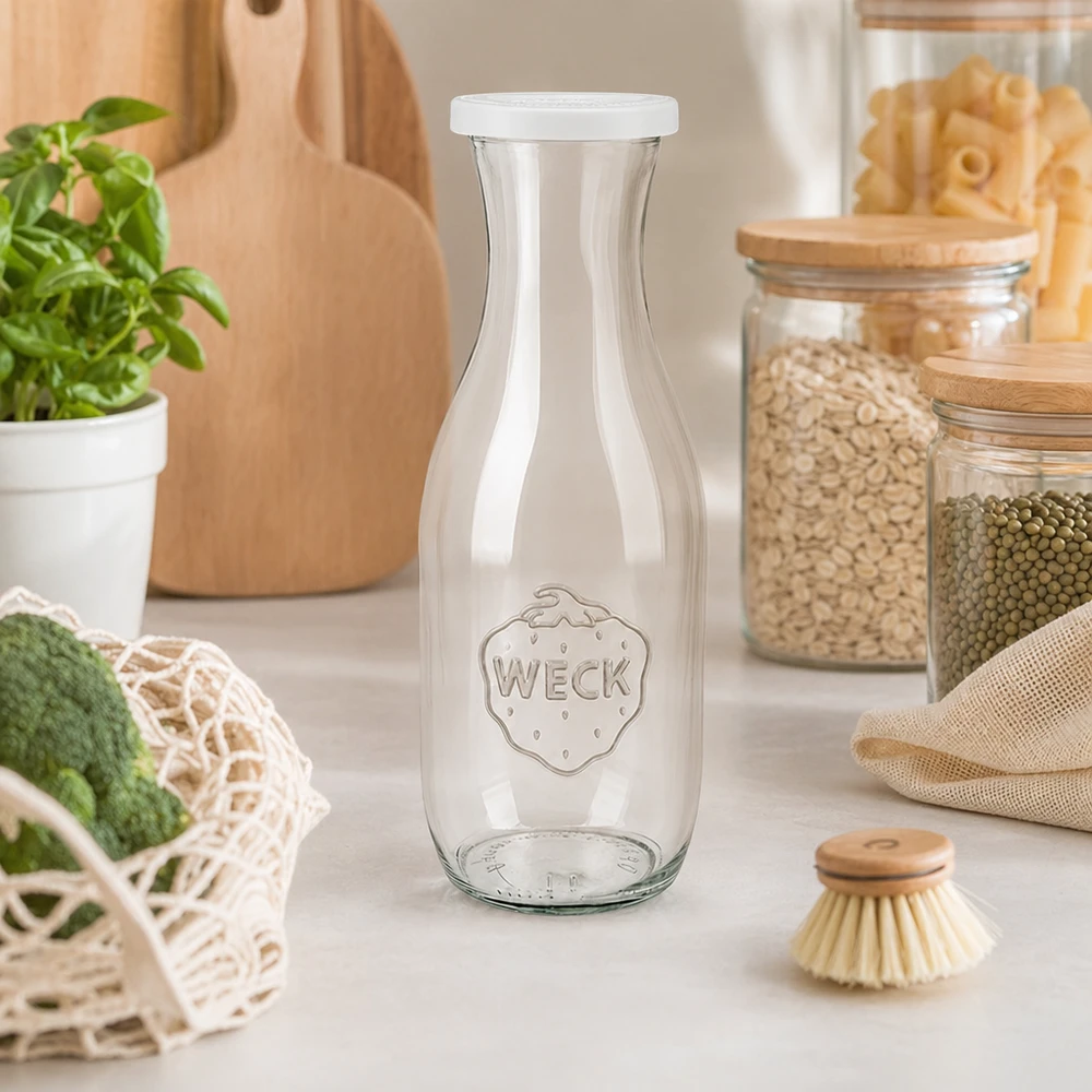 1062 ml saftflaske med friskhedslåg WECK RR60 WECK juiceflaske 1062 ml i bæredygtigt zero-waste-køkken med opbevaringsglas og miljøvenlige redskaber