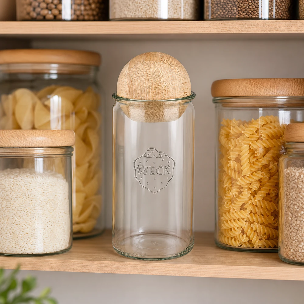 1590 ml cylinderglas WECK RR100 med trækugle bøg WECK cylinderglas 1590 ml RR100 med trækugle i et organiseret opbevaringskøkken ved siden af ris, pasta og andre fødevarer
