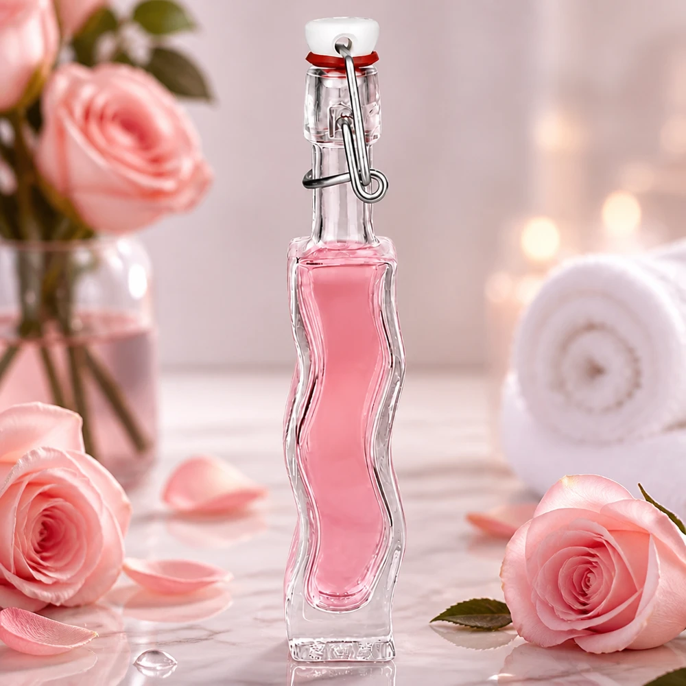 40 ml Glasflaske »Fila« med PVC-skruelåg UNiTWIST® 40 ml Anna-glasflaske med pink væske i et romantisk miljø med roser og bløde pastelfarver