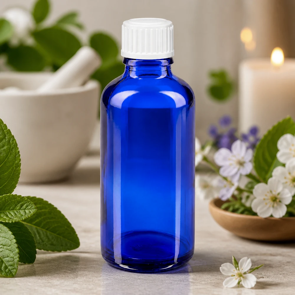 Apoteksflaske blå 50ml skruelåg hvid stk. Blå 50 ml glasflaske med hvid skruelåg blandt friske urter og blomster
