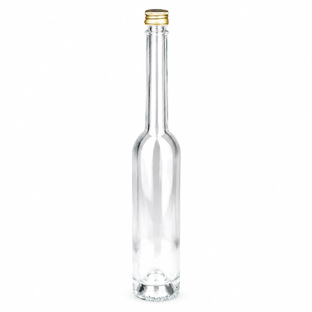 100 ml glasflaske »Toni« og skruelåg sølv UNiTWIST® 100 ml glasflaske Toni med gyldent skruelåg UNiTWIST - klart glas, slank form, ideel til spiritus