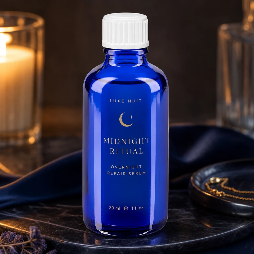 Koboltblå glasflaske på 30 ml med hvid skruelåg, der kan bruges som serumflaske til naturkosmetik