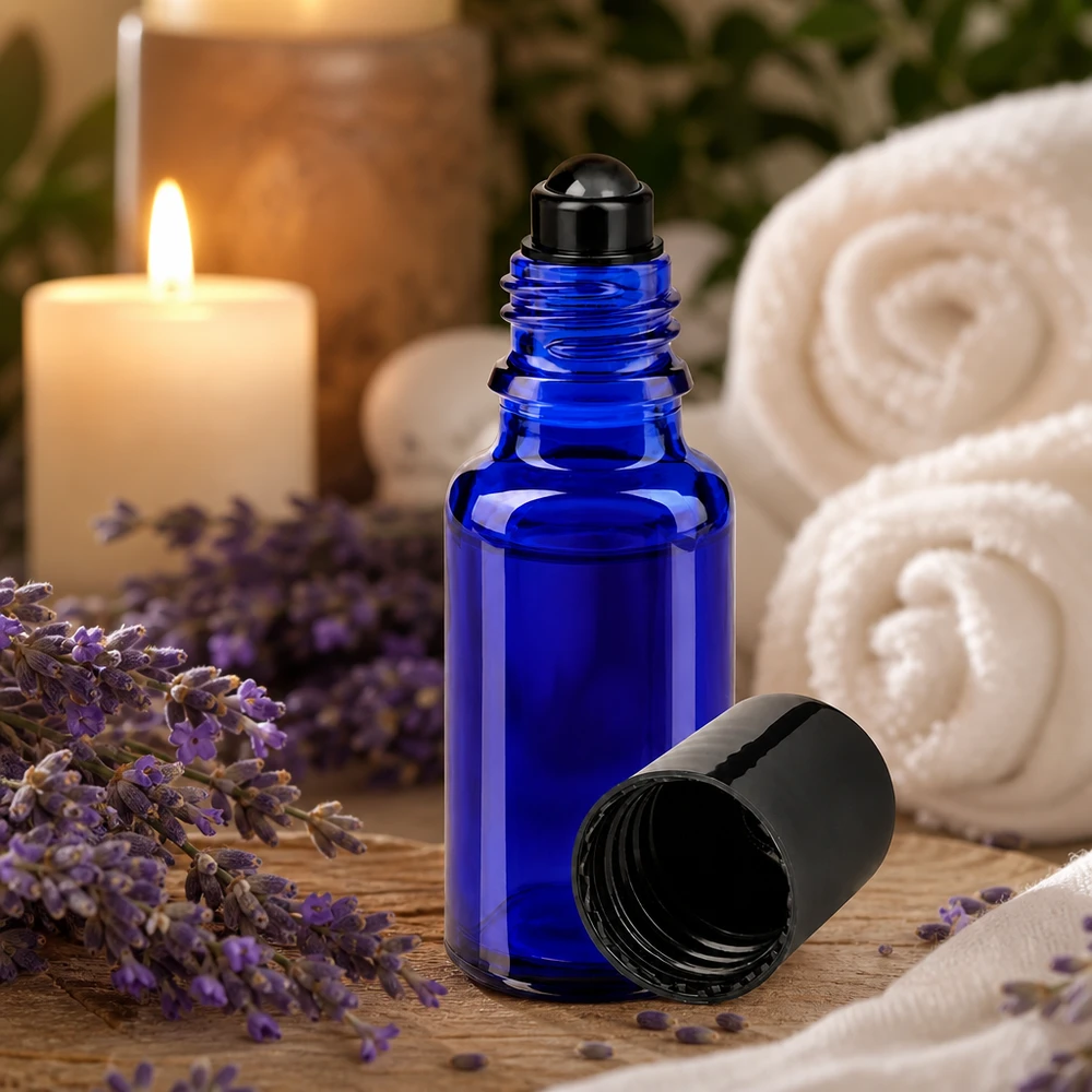 20 ml roll-on-flaske i blåt glas med lavendel og et stearinlys i spa-stemning