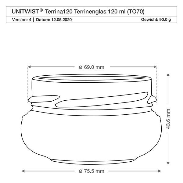 UNiTWIST Terrina120 - Terrinkrukke 120ml TO70 UNiTWIST Terrina120 terrin glas 120ml TO70 med teknisk tegning og mål 69mm diameter 43,6mm højde
