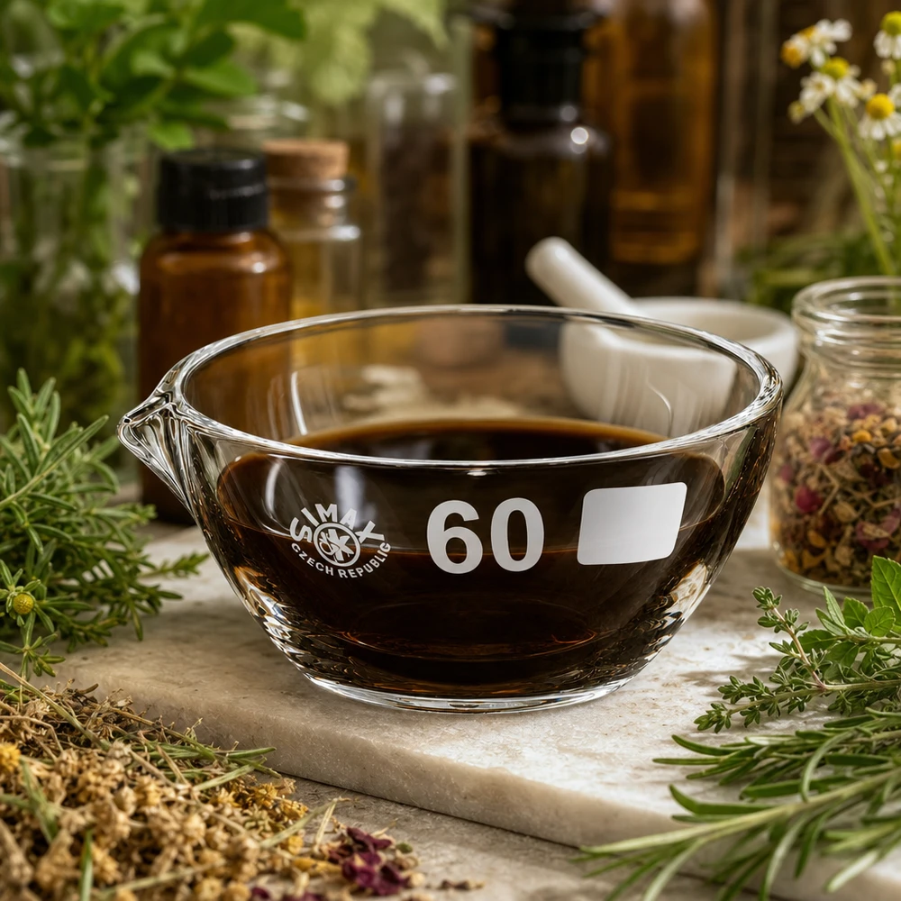 45 ml fordampningsskål med borosilikat-tud Lille 45 ml borosilikat fordampningsskål ø60 mm med tud til mikroprøver og små mængder